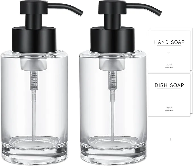 GMISUN Black Soap Dispenser, Hand Soap Dispenser Bathroom, 2 Pack Hand and Dish Soap Dispenser Set for Kitchen, 12oz Glass Liquid Soap and Lotion Dispenser with Stainless Steel Pump, Refillable