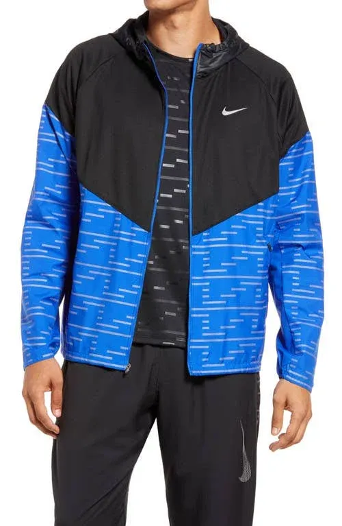 Nike Men’s Therma-FIT Repel Run Division Miler Hooded Full Zip Black/Hyper Royal/Silver Running Jacket, Stay Warm & Dry, Lightweight Reflective Running Jacket, Style DD6102/Color 011, Size Medium