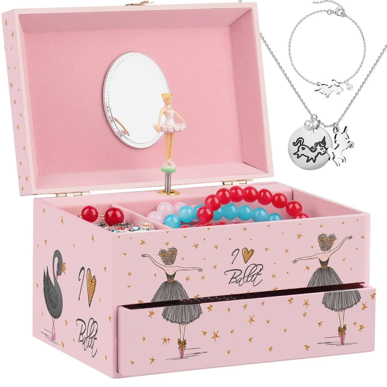 efubaby Jewelry Box for Girls Music Box Girls & Unicorn Necklace and Bracelet Jewelry Boxes with Spinning Ballerina & Drawer Musical Jewelry Boxes