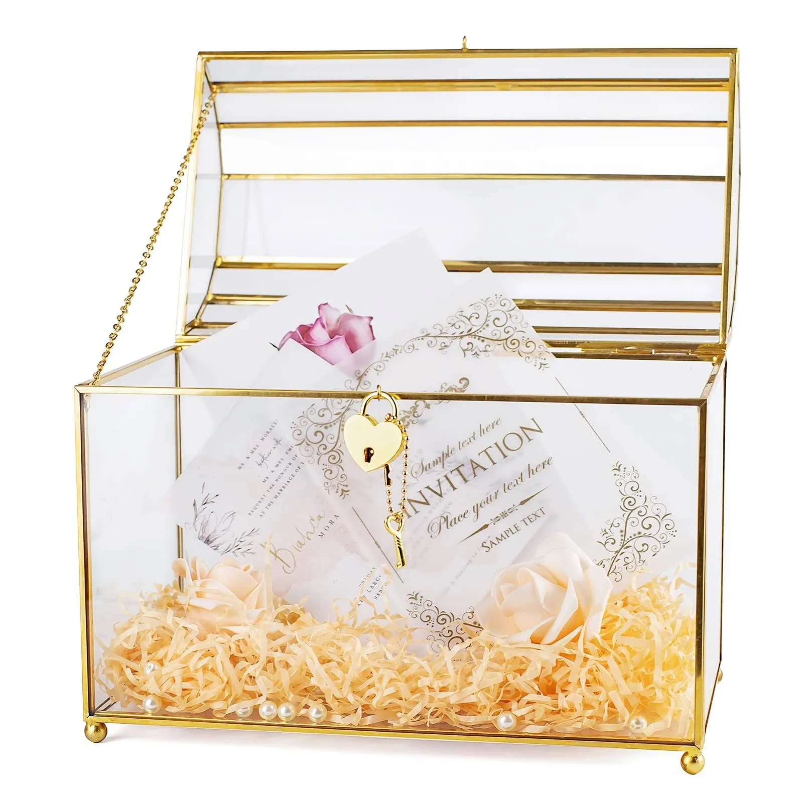 Glass Wedding Card Box with Slot, Large Clear Card Box Gold Brass Gift Card Storage Box Perfect for Wedding Receptions, Birthday Party, Bridal Shower Greeting Card Organizer