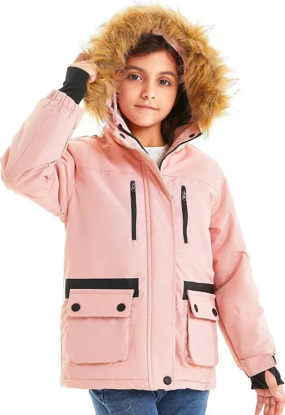 FARVALUE Girls Waterproof Ski Jacket Windproof Winter Coat Warm Fleece Snow Coat Outdoor Raincoats Hooded