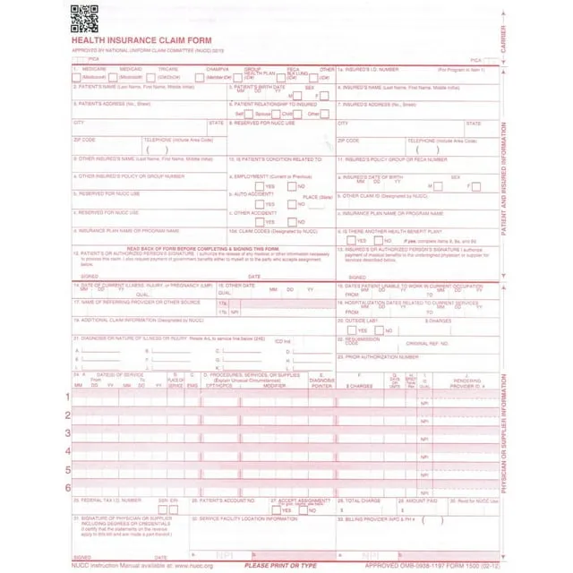 New CMS 1500 Claim Forms - HCFA (Version 02/12) 1000 per Box