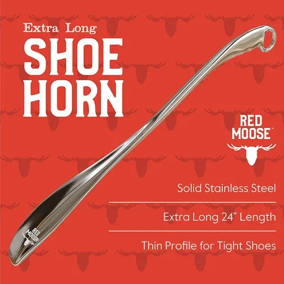 OrthoStep Red Moose Shoe Horn Long Handle Metal 24 inch - Durable and Sturdy for Shoes and Boots