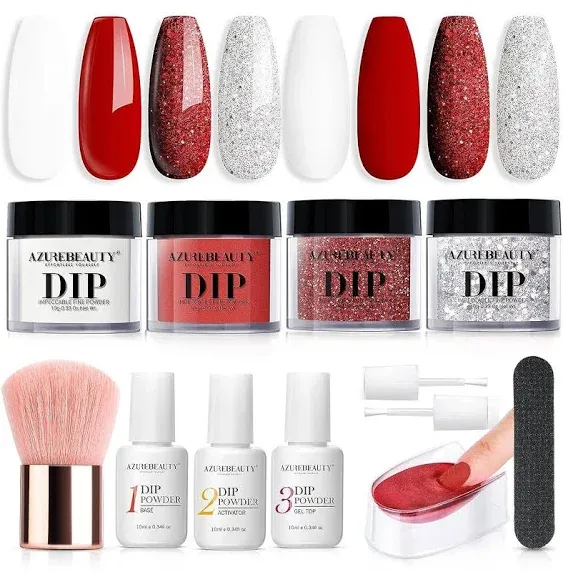 Dip Powder Nail Starter Kit, French Nail, Red White Silver Glitter Manicure Set