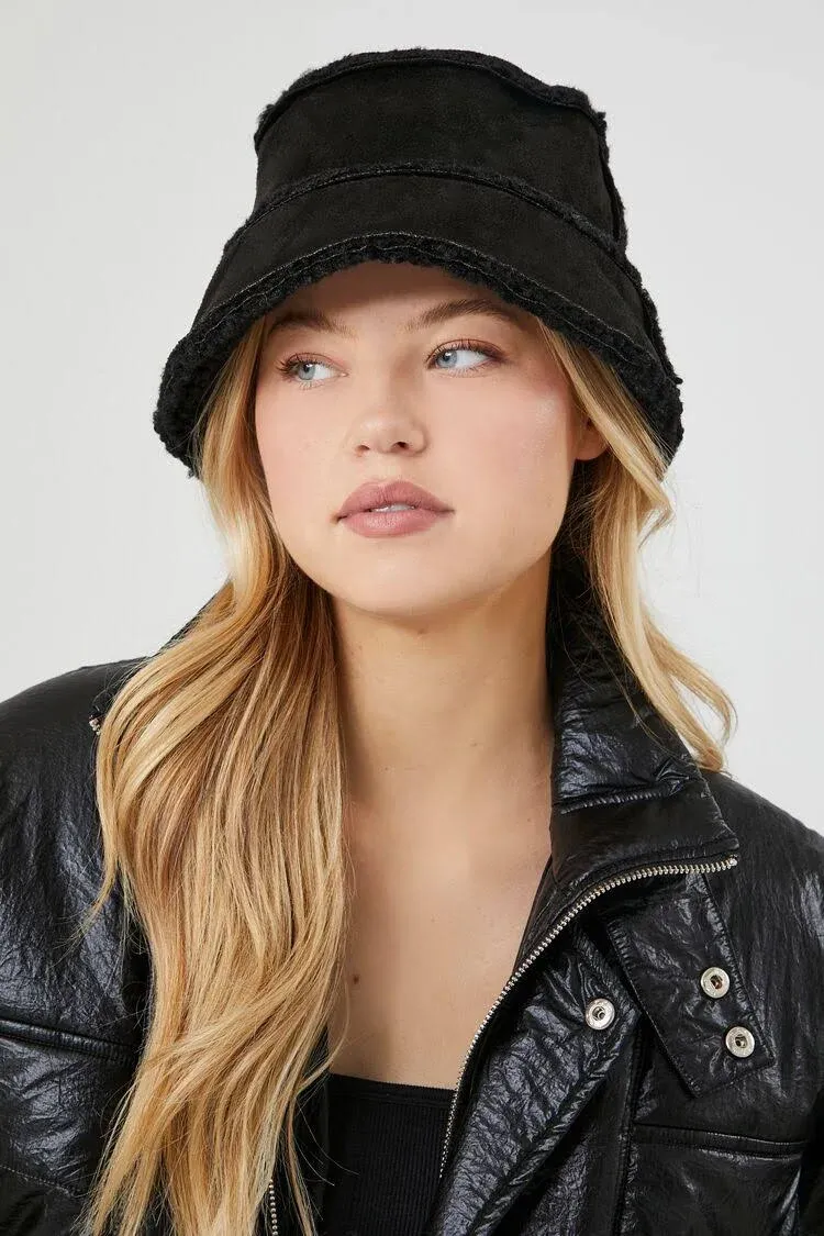 Forever 21 Women's Faux Shearling/Sherpa Trim Bucket Hat in Black | F21