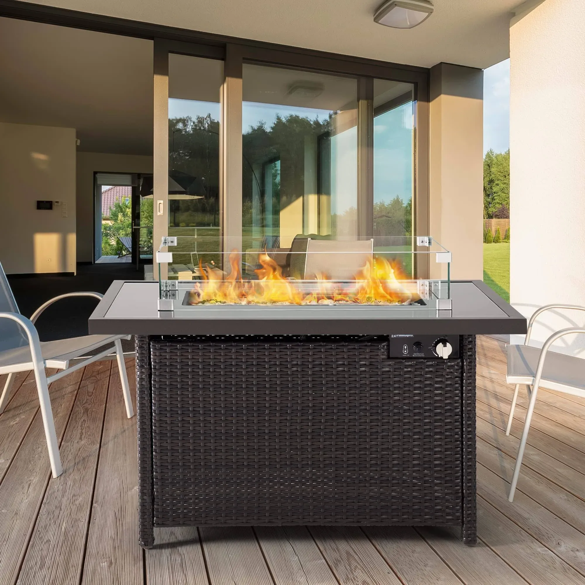 Propane Fire Pits, PAMAPIC 50,000 BTU Auto-Ignition Outdoor Fire Pit Table with Glass Wind Guard,41 Inch Outdoor Fire Tables for Patio Garden Deck Backyard Poolside