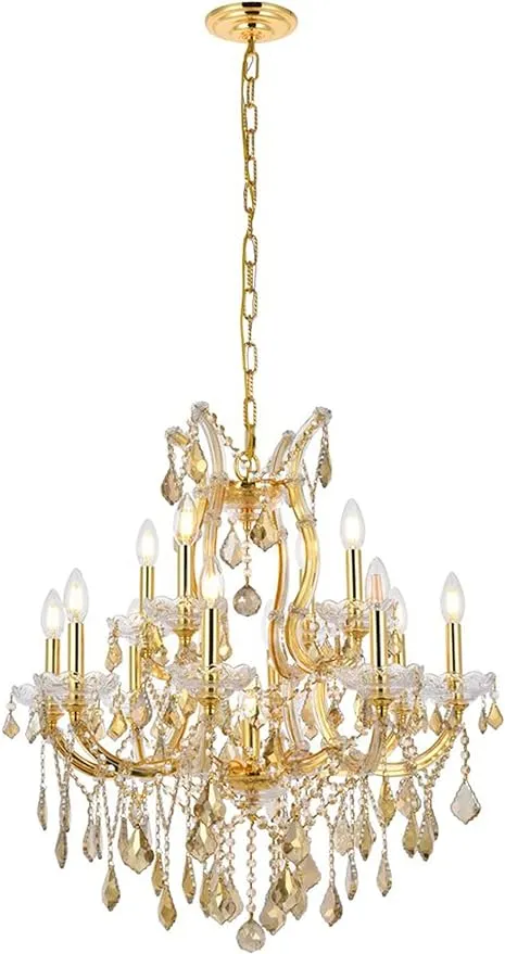 Elegant Lighting 2800D27G-GT/RC Royal Cut Smoky Golden Teak Crystal Maria Theresa 13-Light, Two-Tier Crystal Chandelier, 27" x 26", Gold Finish