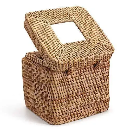 Rattan Square Tissue Box Cover, 5.7" x 5.7" x 5", Decorative Woven Facial Tissue Holder with Hinged Top Lid, Natural Color