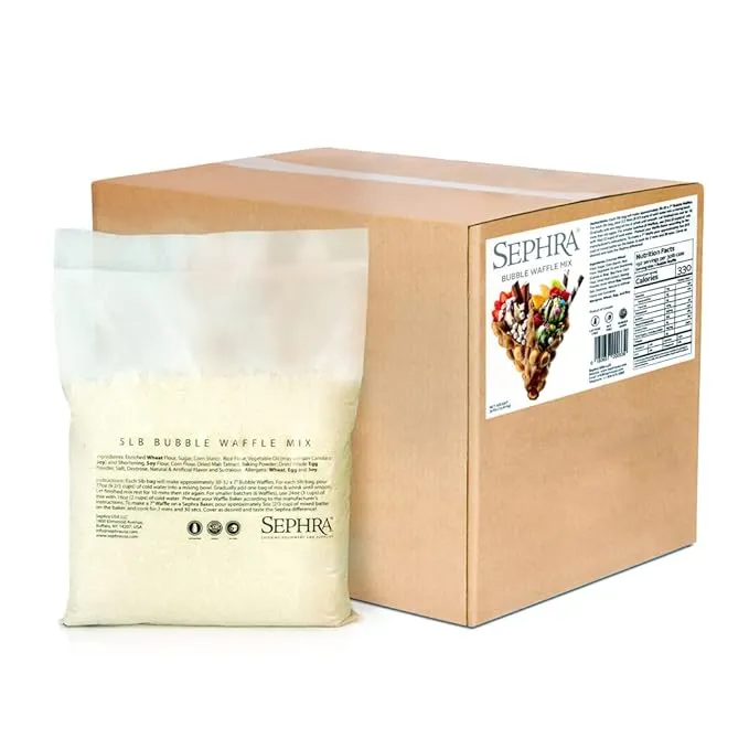 Sephra Bubble Waffle Mix, 30lb case. Just add water to serve fun, delicious Bubble Waffles for breakfast, lunch and dinner! Nut Free and Kosher Dairy, perfect for any occasion and treat.