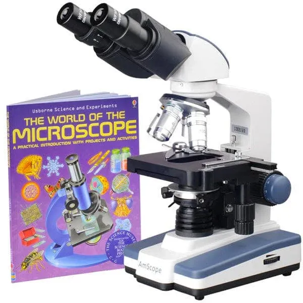 AmScope 40X-2500X LED Lab Binocular Compound Microscope with 3D-Stage + Microscope Book