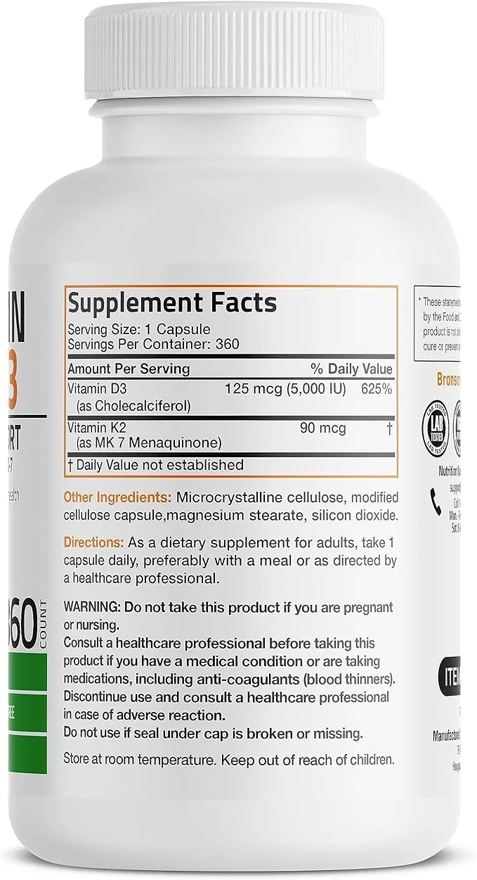 Bronson Vitamin K2 with D3 Supplement Non-GMO Formula 5000 IU Vitamin D3 & 90 mcg Vitamin K2 Mk-7 Easy to Swallow Vitamin D & K Complex