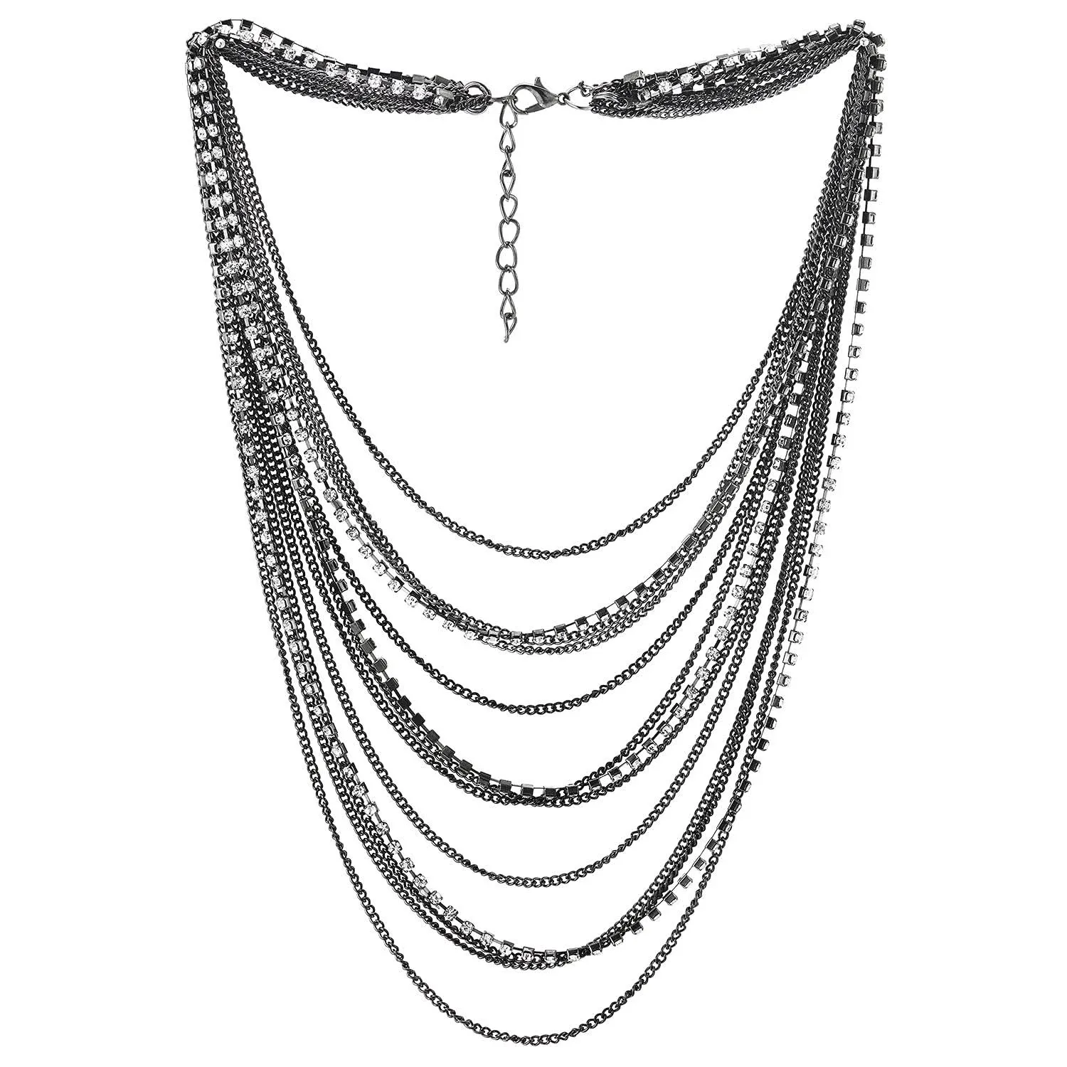 COOLSTEELANDBEYOND Waterfall Multi-Strand Chains Statement Collar Necklace with Rhinestones Chains, Dress