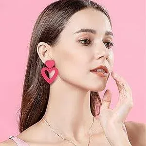 FIBO STEEL Clip on Pink Heart Earrings for Women Dangle Drop Earrings Dangling Double Heart Love Non Pierced Pink Jewlery Valentine's Day Gift