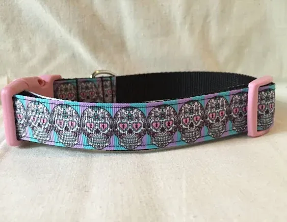 Sugar Skull Heart Ribbon Dog Collar 1&#034;Adjustable Sugar Skull Day Of The Dead