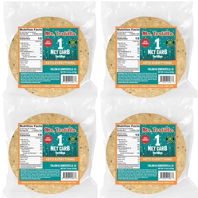 Mr. Tortilla 1 Net Carb Tortillas | Keto, Low Carb, Reduced Calorie, Vegan, Kosher Wraps | Only 15 Calories, Delicious & Guilt-Free, Healthy Snacks