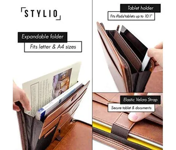 STYLIO Brown Zipper Padfolio Portfolio Binder Organizer | Faux Leather Portfolio for Resume, Documents, Phone, Tablet, Business Supplies and Cards | Notebook Organizer with Letter Sized Notepad