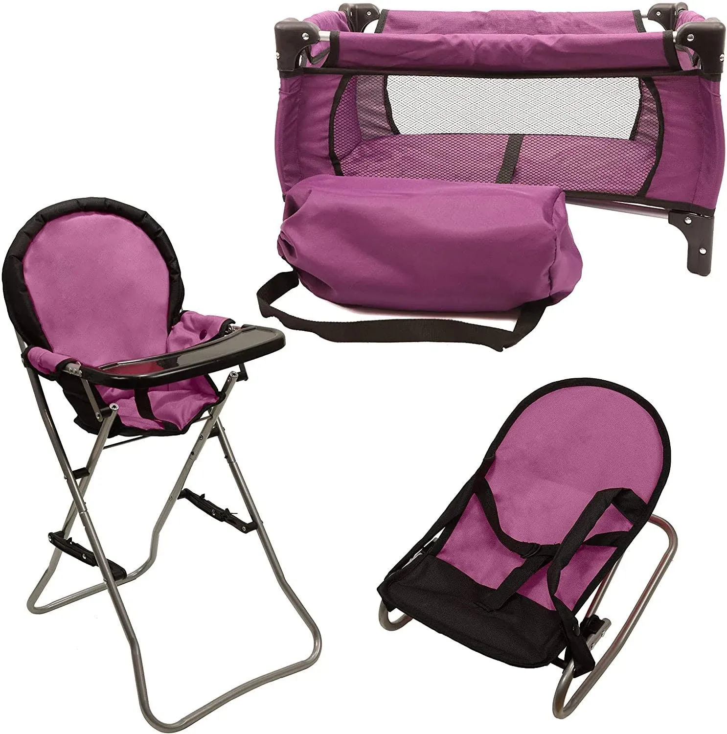 Mommy & Me 3 in 1 Doll Play Set Purple , 1 Doll Pack N Play. 2 Doll Bouncer 3 ...