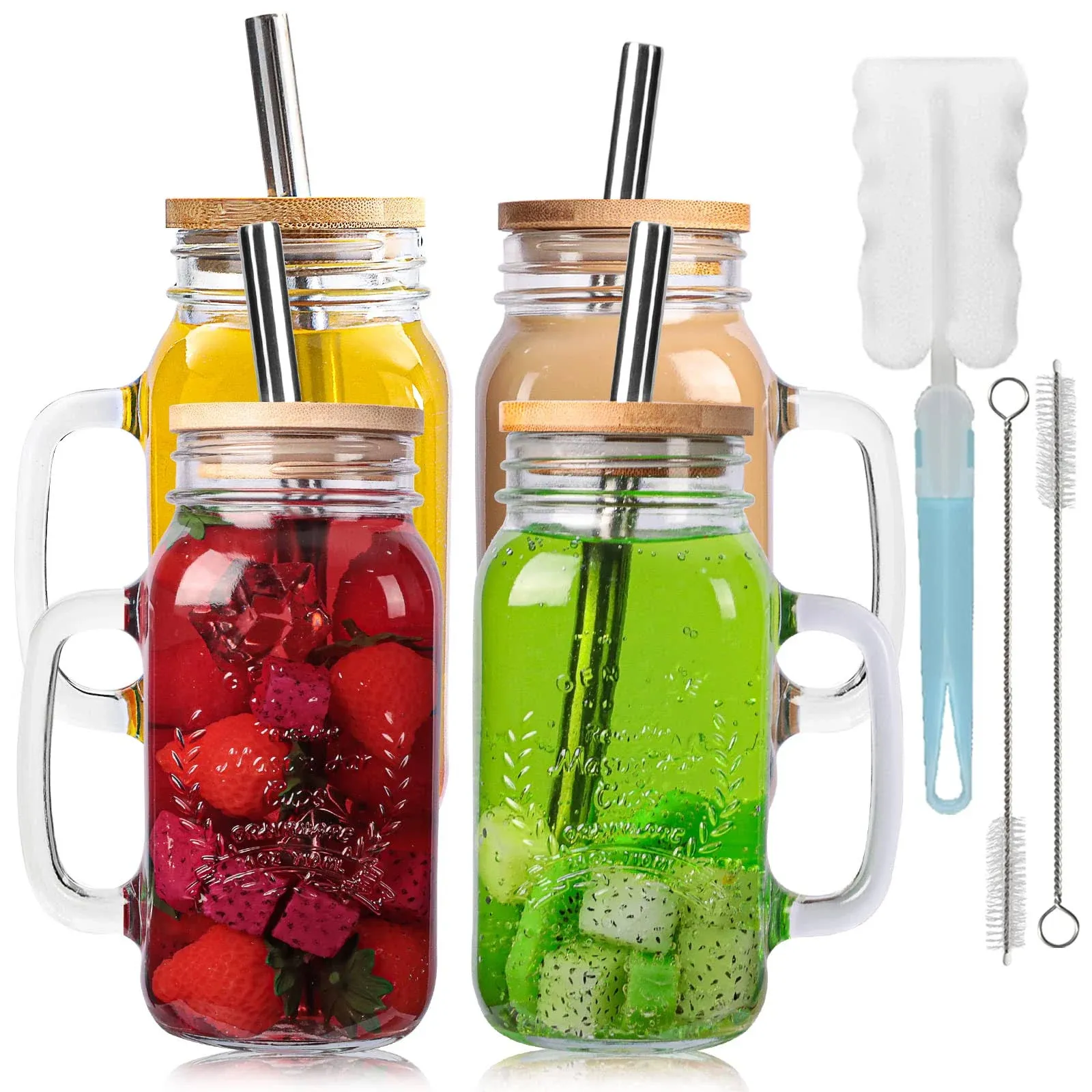 Yirilan 4 Pack 24Oz Mason jar cups with lids and straws, Mason Jars with Handle, Mason Jar Drinking Glasses with Lid and Straw, Mason Jar Mugs