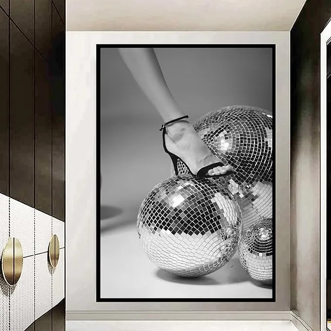 Female Disco Ball Head Poster, Funky Disco 70s Print, Black White Wall Art, Digital Artwork, Luxury Mirrorbal Printable, Girly Dorm Room Art