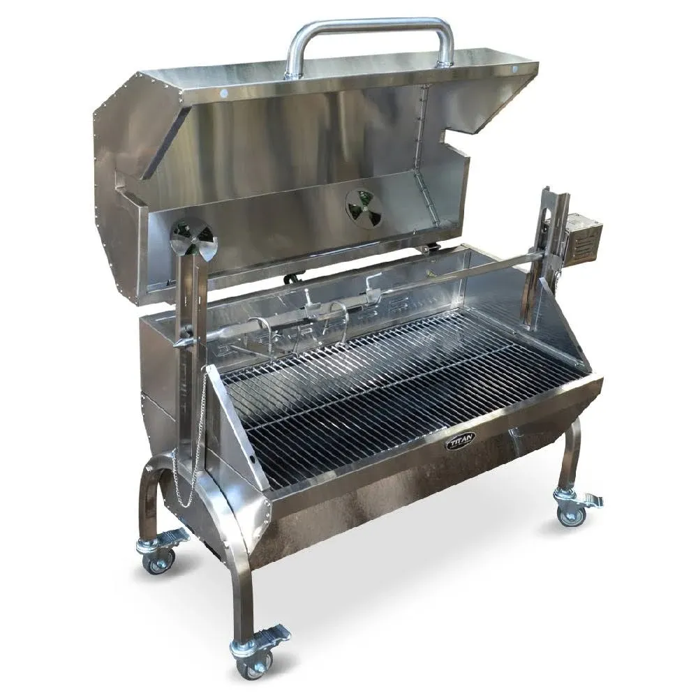 Titan Great Outdoors 13W Stainless Steel Rotisserie Grill Roaster with Glass Hood 85 LB Capacity