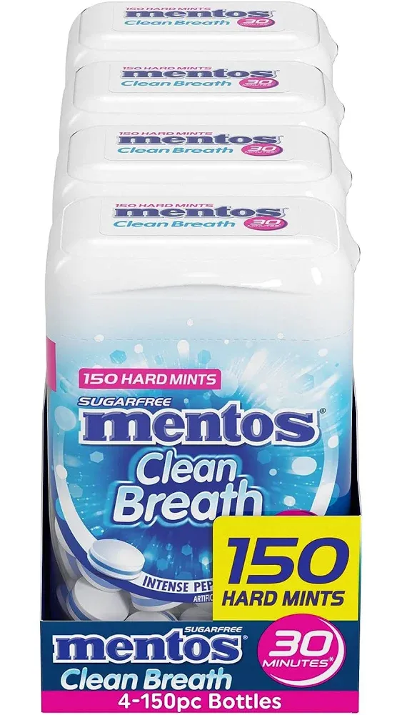 Mentos Clean Breath Sugarfree Hard Mint, 150pc, Intense Peppermint (Pack of 4...