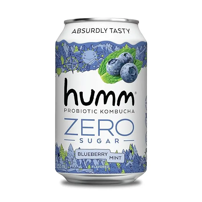 Humm Probiotic Kombucha Zero Sugar Blueberry Mint - No Refrigeration Needed, Keto-Friendly, Organic, Vegan, Gluten-Free - 12oz Cans (16 Pack)