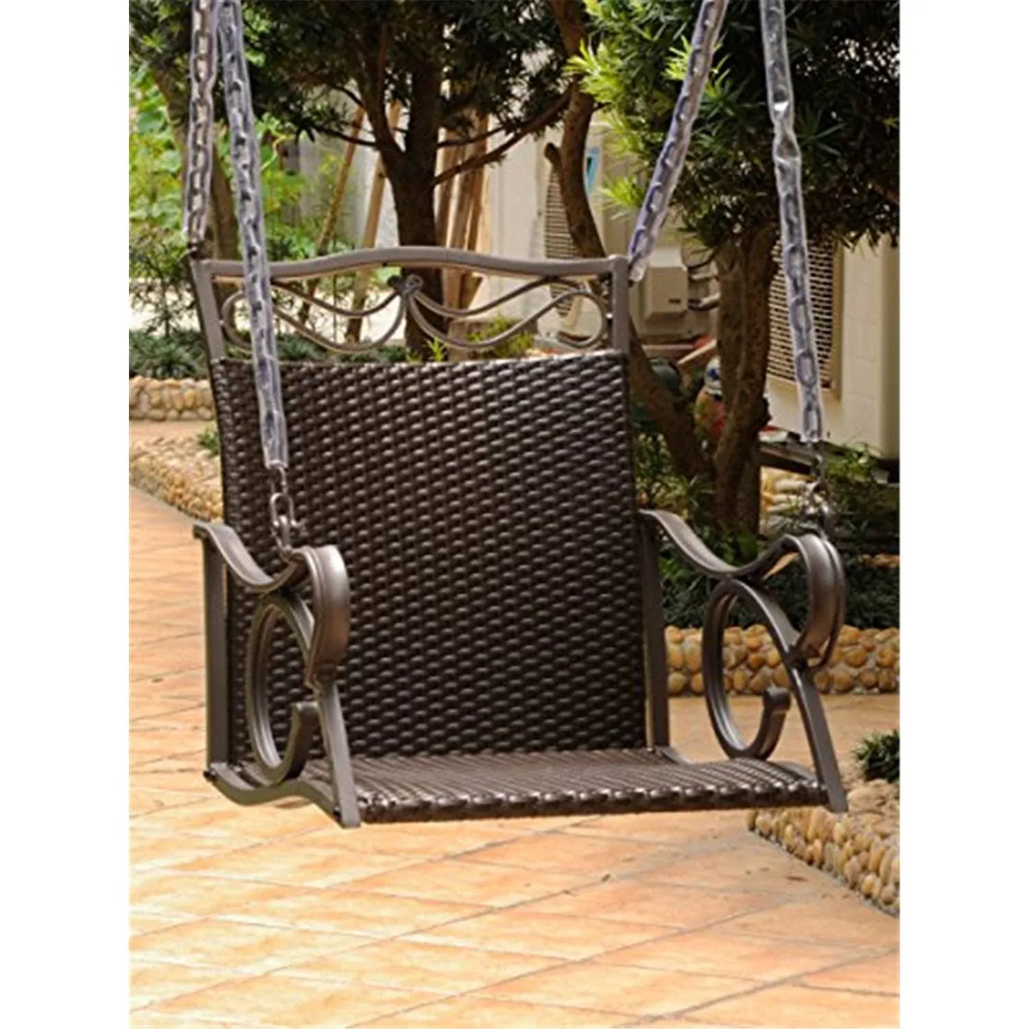 International Caravan Valencia Resin Wicker/Steel Chair Swing Chocolate