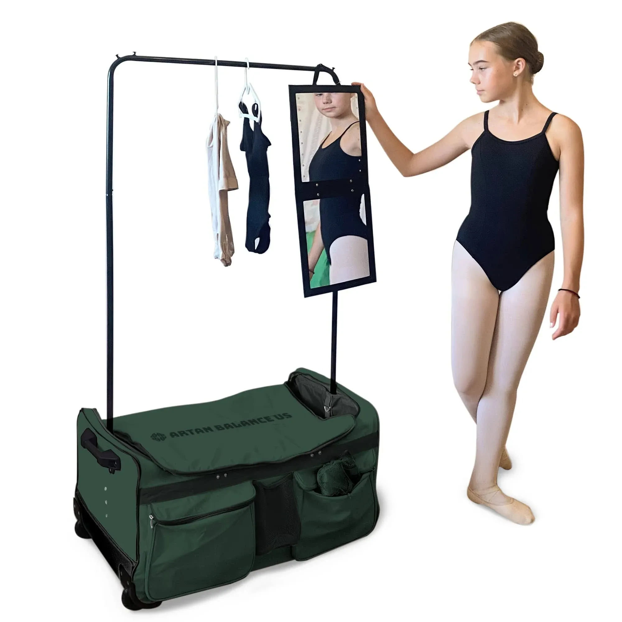 Artan Balance Duffle Dance Bag with Portable Costume Garment Rack Dark Green