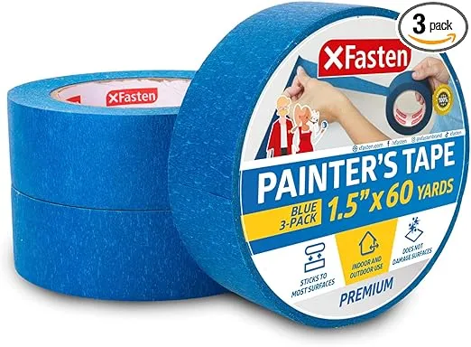 XFasten Professional Blue Painters Tape, Sharp Edge Line Technology, 1.5 Inches x 60Yards (3-Pack) - Produces Sharp Lines and Residue-Free Artisan Grade Clean Release Wall Trim Tape