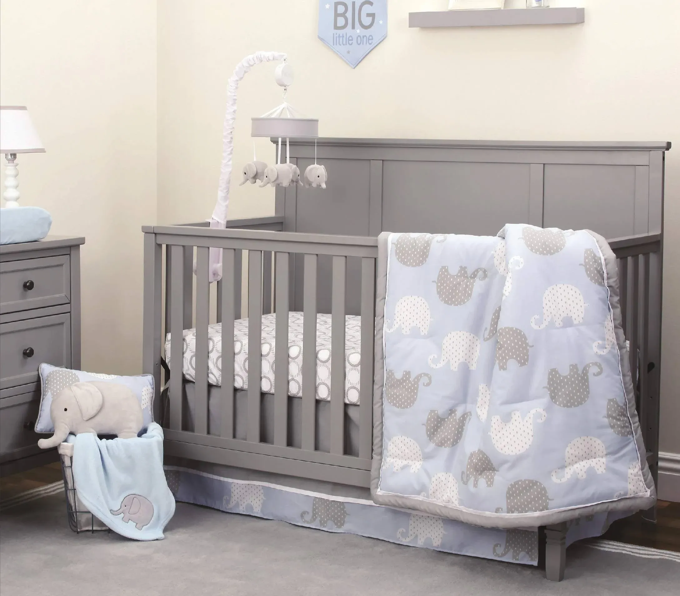 NoJo Elephant 4 Piece Nursery Crib Bedding Set, Blue/Grey/Whit<wbr/>e