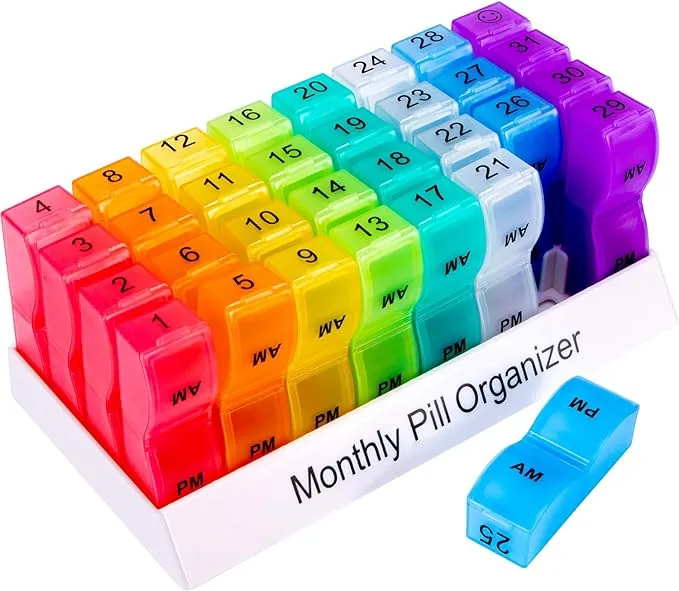 Monthly Pill Organizer For 30 Day, 2 Times a Day, One Month Pill Case AM PM, Travel 4 Week Pill Box, 31 Day Pill Medicine Container Vitamins Holder for Fish Oil, Medications and Supplements