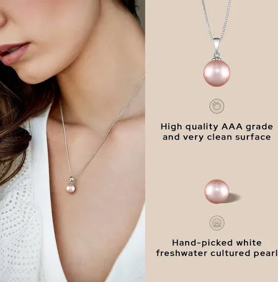 The Pearl Source 8mm White Freshwater Pearl Pendant Sydney Necklace for Women - Cultured Pearl Necklace | Single Pearl Necklace for Women with 925 Sterling Silver Chain Pearl Gifts for Christmas, Holidays and Anniversary