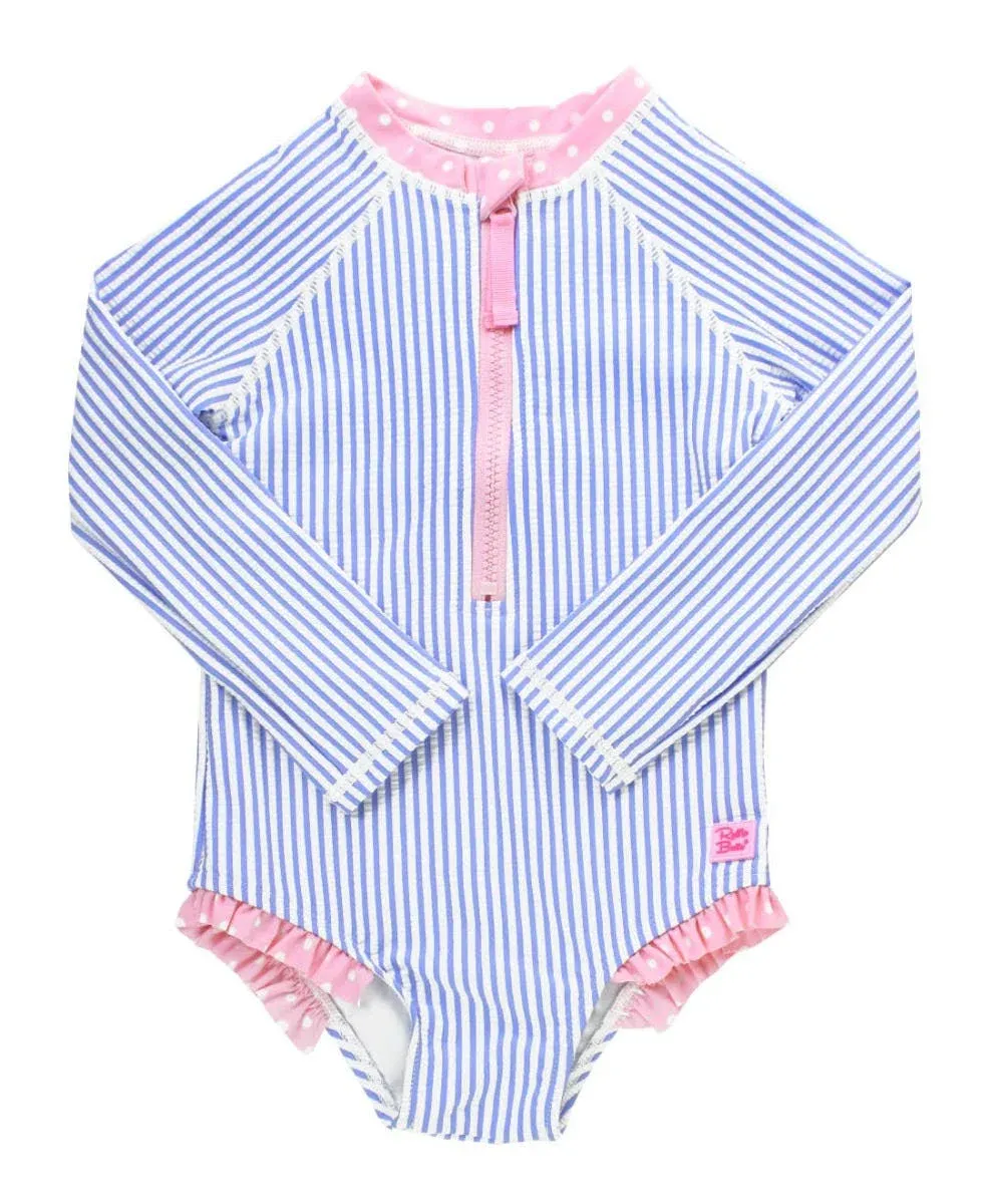 RuffleButts Long Sleeve One Piece Swimsuit - Periwinkle Blue Seersucker with UPF 50+ Sun Protection - 14