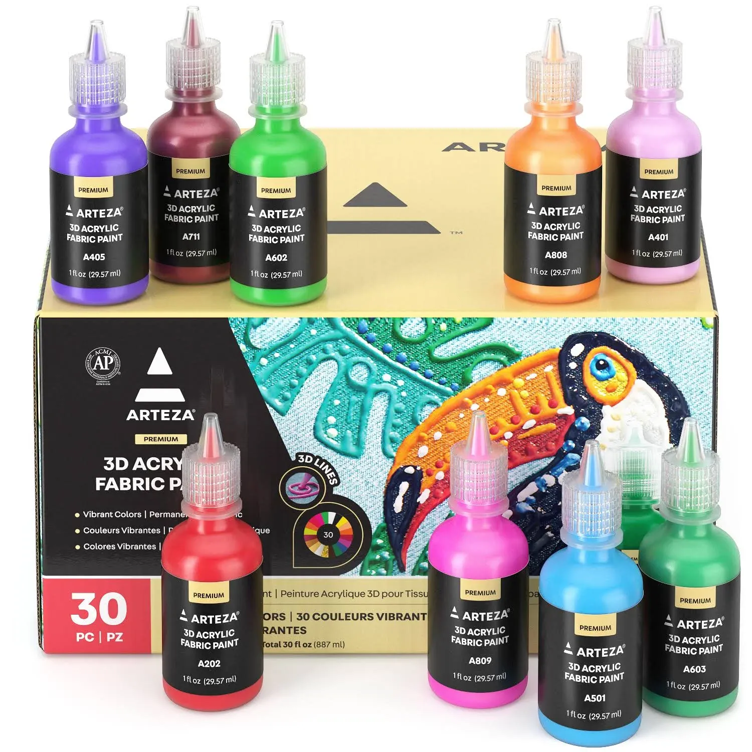 ARTEZA Fabric Paint, 30 Colors, Permanent 3D Paint, Glow-in-the-Dark, Glitter, Neon, and Metallic Hues, 30-ml Bottles, for Textiles, Canvas, and Wood