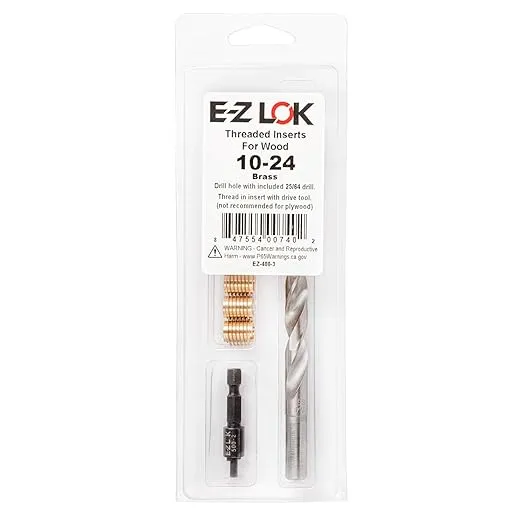 E-Z LOK 400-3 Threaded Inserts for Wood, Installation Kit, Brass, Includes 10-24 Knife Thread Inserts (6), Drill, Installation Tool