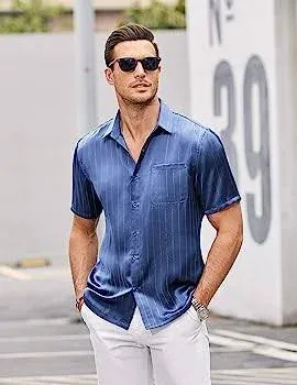 COOFANDY Men's Silk Short Sleeve Dress Shirts Casual Satin Button Up Shirts with Pocket Party Prom Wedding