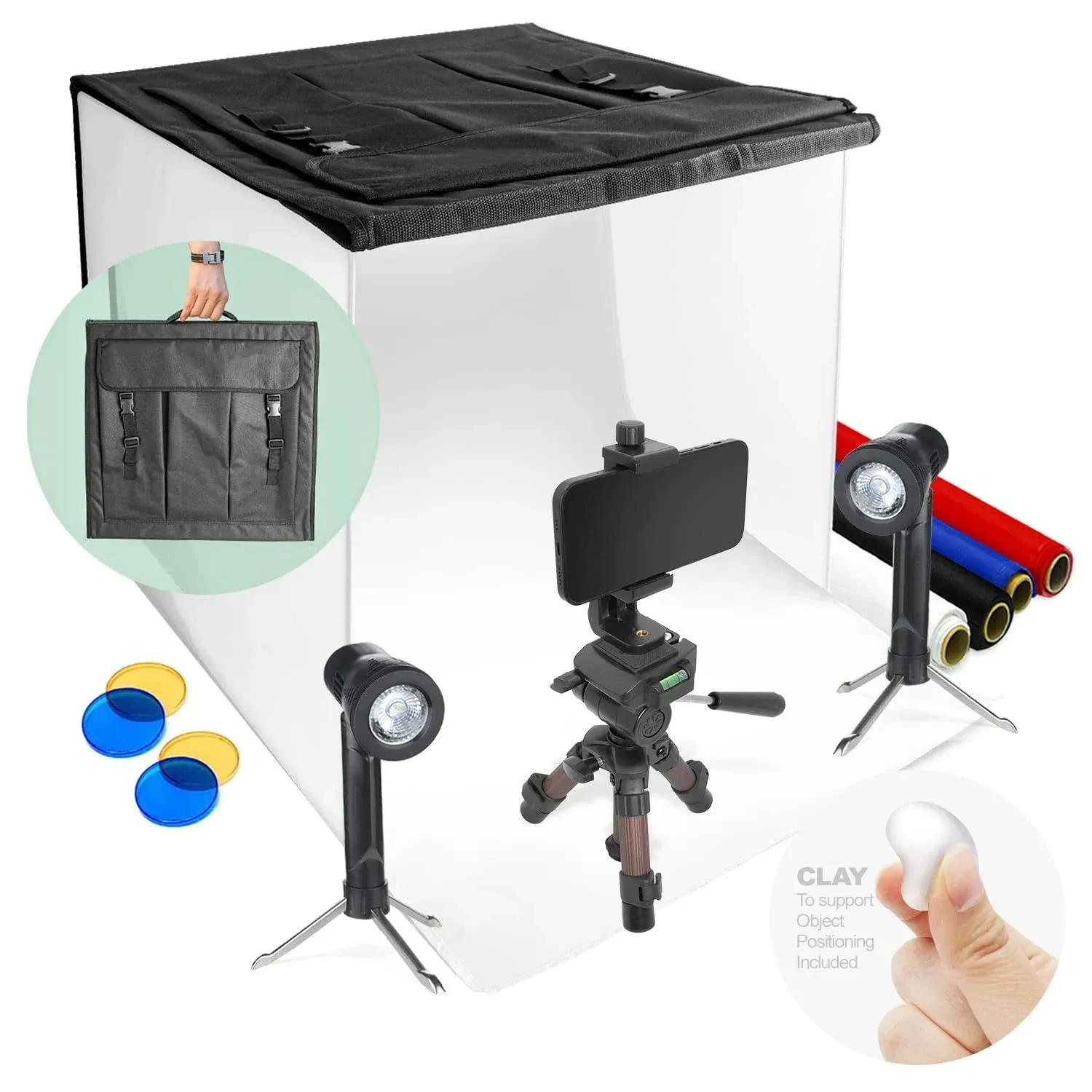 LimoStudio 24" x 24" Table Top Photography Light Box, Photo Shooting Tent Kit with LED Lighting, Transparent Clay for Object Positioning, Complete Tripod for Camera, AGG3161