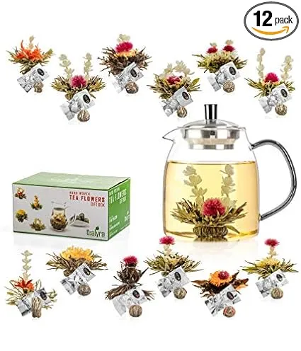 Tealyra - 12 pcs Blooming Tea and 30.5-ounce Glass Teapot Set - 12 Variety Flavors of Finest Flowering Teas - All Tea Balls Individually Sealed - Great Gift Bloom Teas BoxTealyra - 12 pcs Blooming Tea and 30.5-ounce Glass Teapot Set - 12 Variety Flavors 