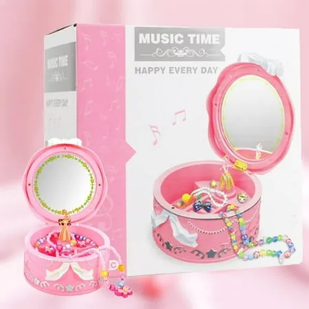 Girls Mini Music Box Rotary Ballerina Girl Jewelry Storage with Girl s Jewelry Set for Kids Children (Pink)