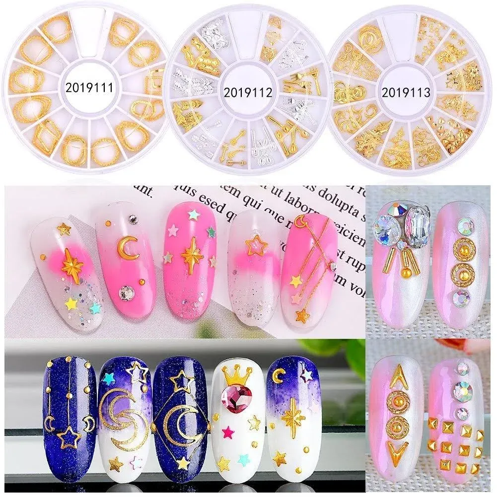 MEILINDS Nail Art 3D Studs Gold Metal Moon Rivet Punk Jewels Manicure Decorations 3 Set