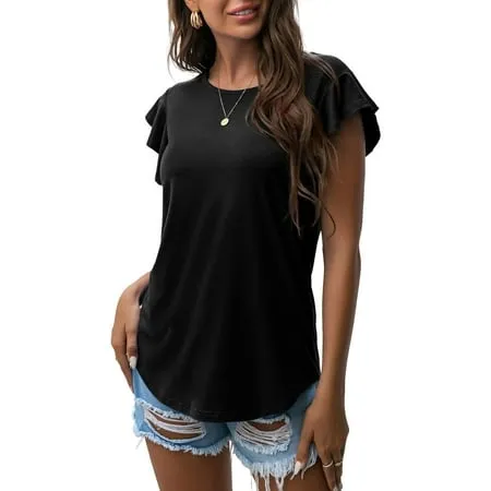 PrinStory Women's Tops Summer Casual Ruffle Short Sleeves Knit Shirts Round Neck Tunic Top For Women 2024 Fashion Trend