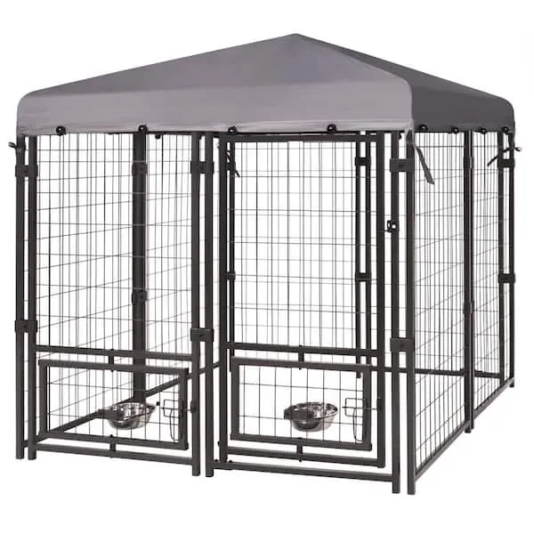 VEIKOUS Dog Kennel Outdoor Large Metal Dog Pen Enclosure Crates w/Rotate Feeding Doors, 4.5 x 4.5 x 4.8FT