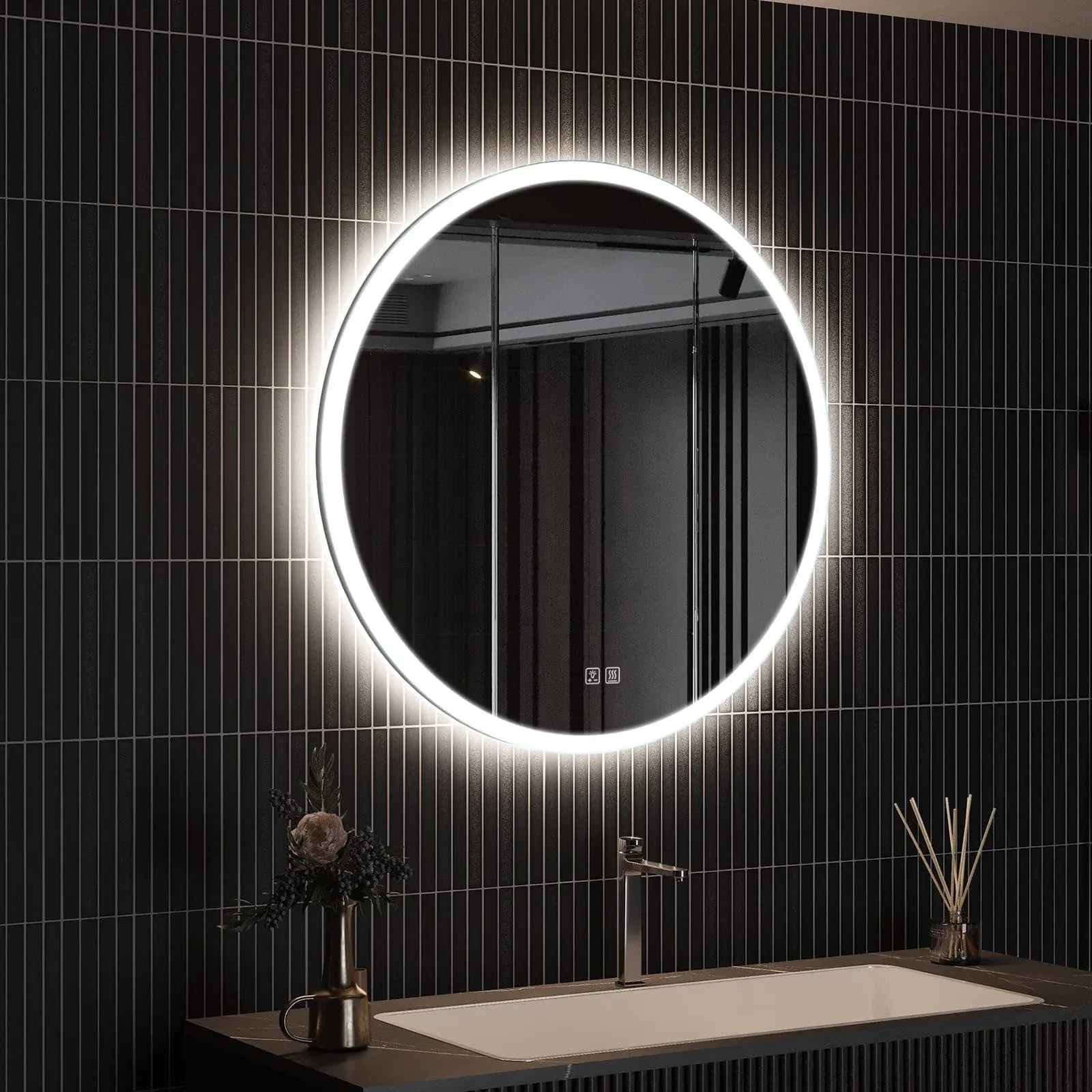 ROOMTEC Round Bathroom LED Lighted Mirror, Wall Mounted Vanity Makeup Mirror with Lights, 3 Colors Dimmable Brightness, IP54 Waterproof, Smart Touch Switch, Anti-Fog Circle Mirror for Wall (28 inch)