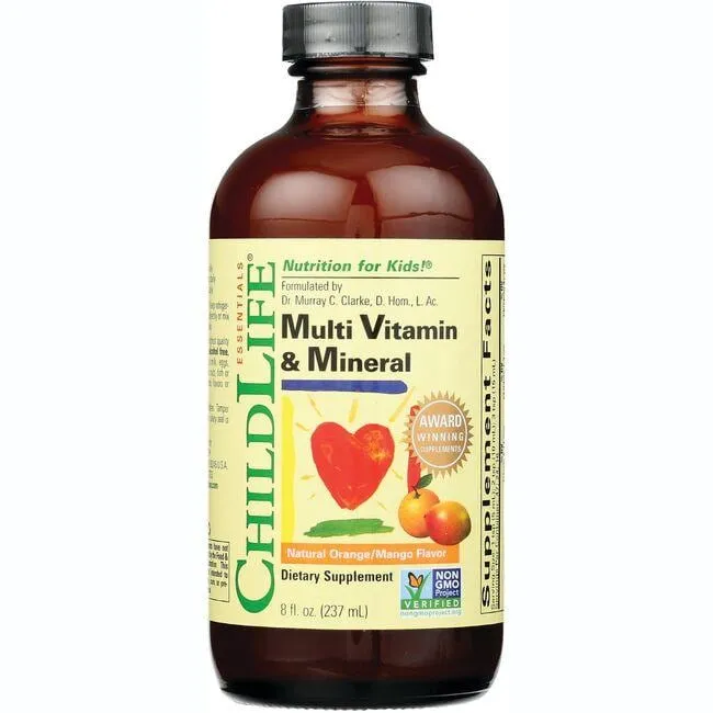 CHILDLIFE ESSENTIALS, Kids Liquid Multivitamin and Mineral Supplement - Liquid Vitamins for Kids, All-Natural, Gluten-Free, Non-GMO - Natural Orange & Mango Flavor, 8 Fl Oz Bottle