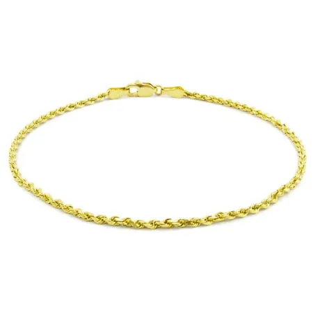 Nuragold 14k Yellow Gold 1.8mm Solid Rope Chain Diamond Cut Link Bracelet or Anklet Womens Mens Lobster Clasp 7 7.5 8 8.5 9