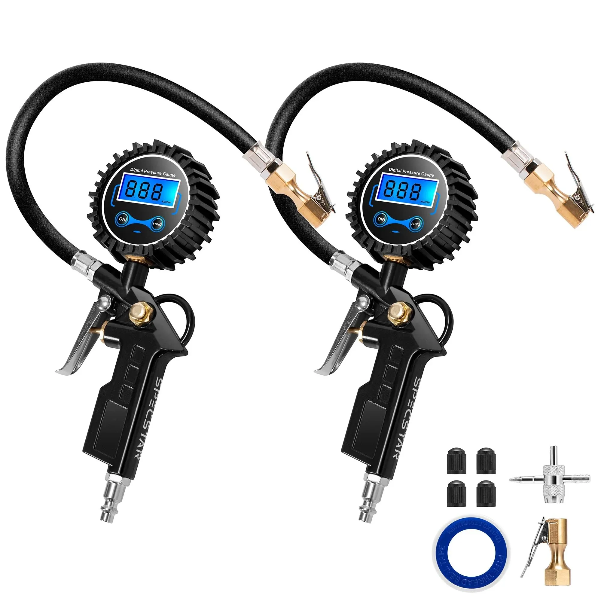 SPECSTAR 2 Pack Digital Tire Inflator with Pressure Gauge, Night Available 250 PSI Air Chuck and Compressor Accessories with Rubber Hose and Quick Connect Attachment for 0.1 Display Resolution