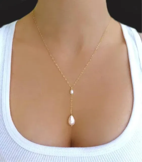 Dainty Lariat Drop Chain Necklace for Women 18K Gold Plated Stainless Steel Cross Y Shaped Double Heart Star Pearl Long Pendant Necklaces Minimalist Jewelry