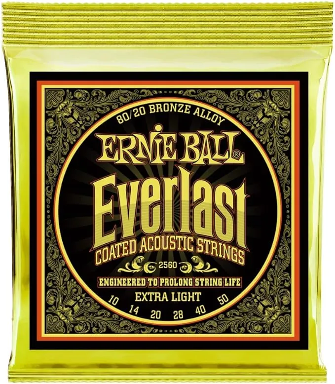 Ernie Ball Everlast Extra Light 80/20 Bronze Acoustic Guitar Strings, 10-50 Gauge (P02560)