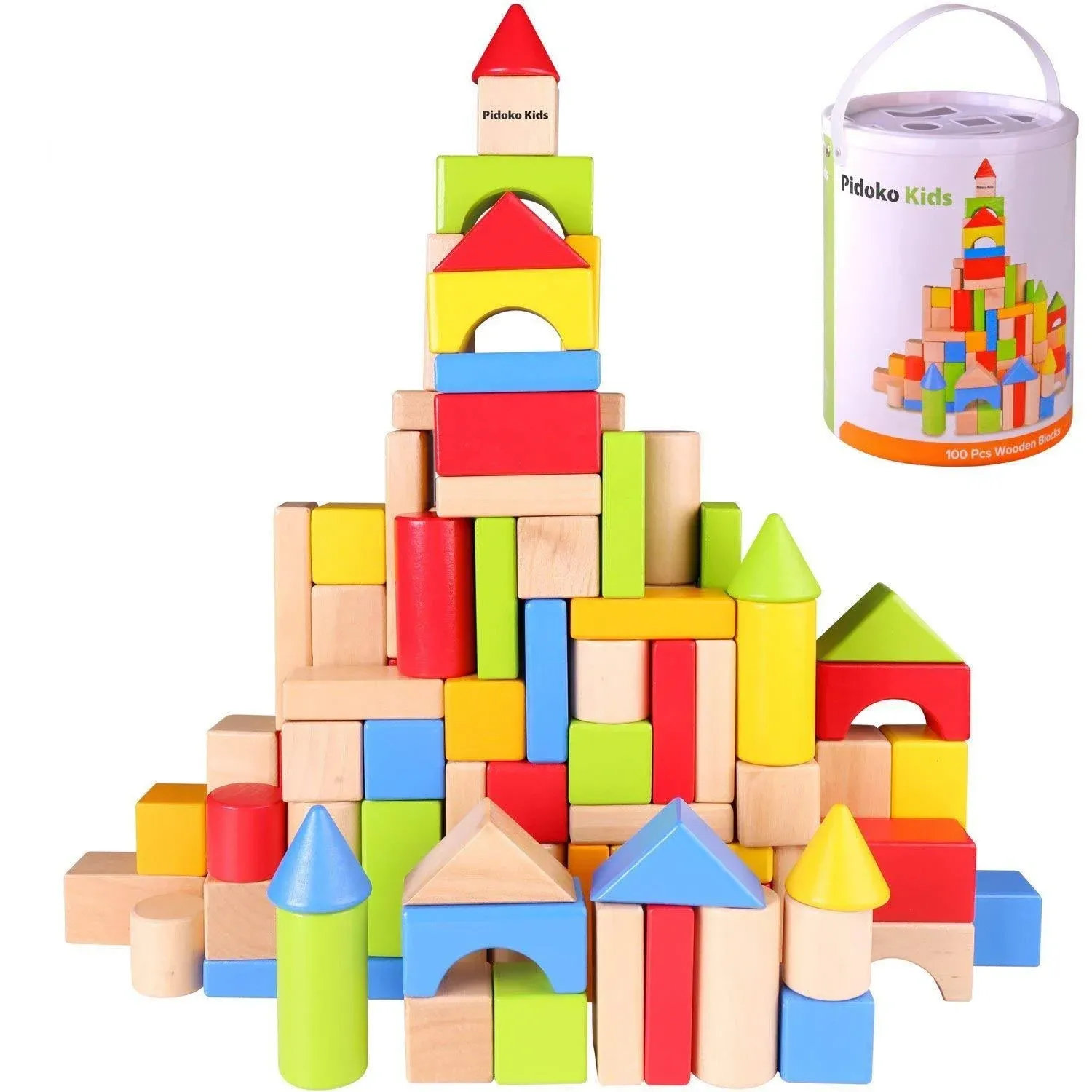 Pidoko Kids Wooden Building Blocks Set - 100 Pcs - Includes Carrying Container -