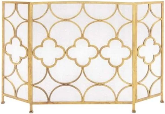 Benzara Space Efficient 3 Panel Metal Fireplace Screen, Gold